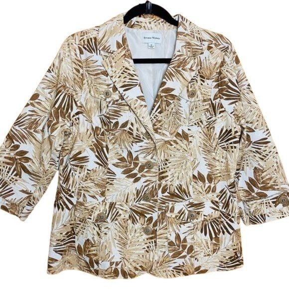 Studio Works Jackets & Blazers - Studio Works Brown/Cream Linen Blend Lined Palm Frond Print Jacket Blazer Size M